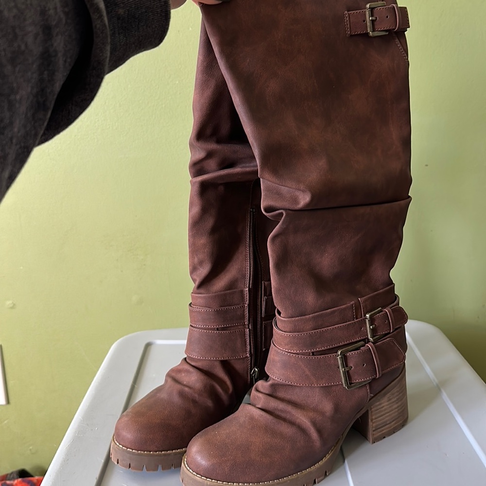 Carlos by Carlos Santana Brown Knee-High Buckle Boots